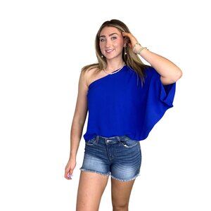 Eesome Royal Blue One Shoulder Dolman Sleeve Flowy Loose Fit Blouse